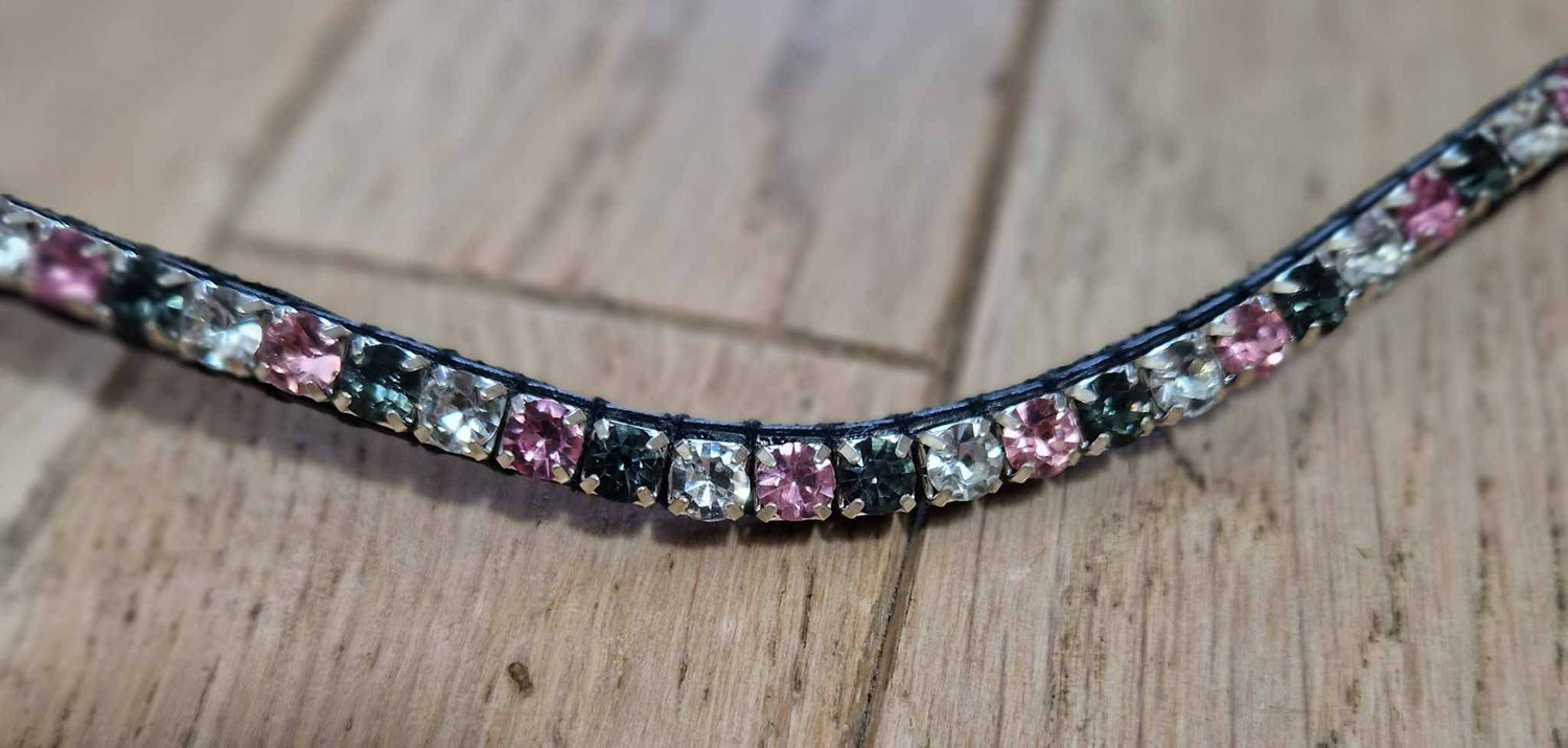 Gray, white and pink rhinestone browband with fine rhinestones