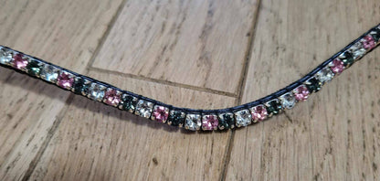 Gray, white and pink rhinestone browband with fine rhinestones